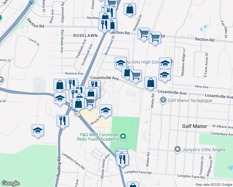 map of restaurants, bars, coffee shops, grocery stores, and more near 7131 Eastlawn Drive in Cincinnati