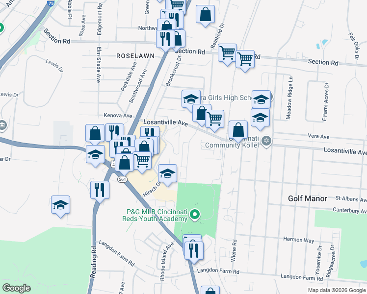 map of restaurants, bars, coffee shops, grocery stores, and more near 7131 Eastlawn Drive in Cincinnati