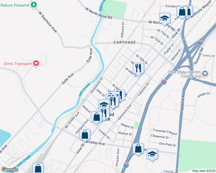 map of restaurants, bars, coffee shops, grocery stores, and more near 112 65th Street West in Cincinnati