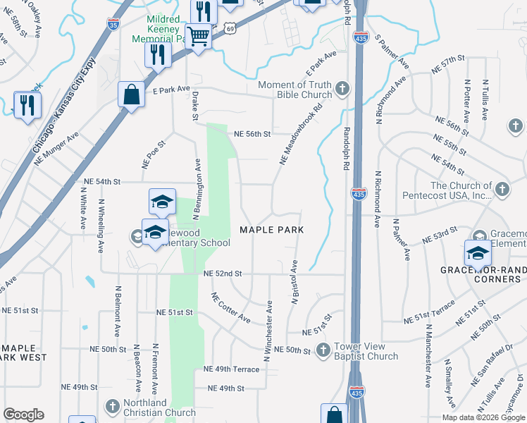map of restaurants, bars, coffee shops, grocery stores, and more near 6904 Northeast 53rd Street in Kansas City