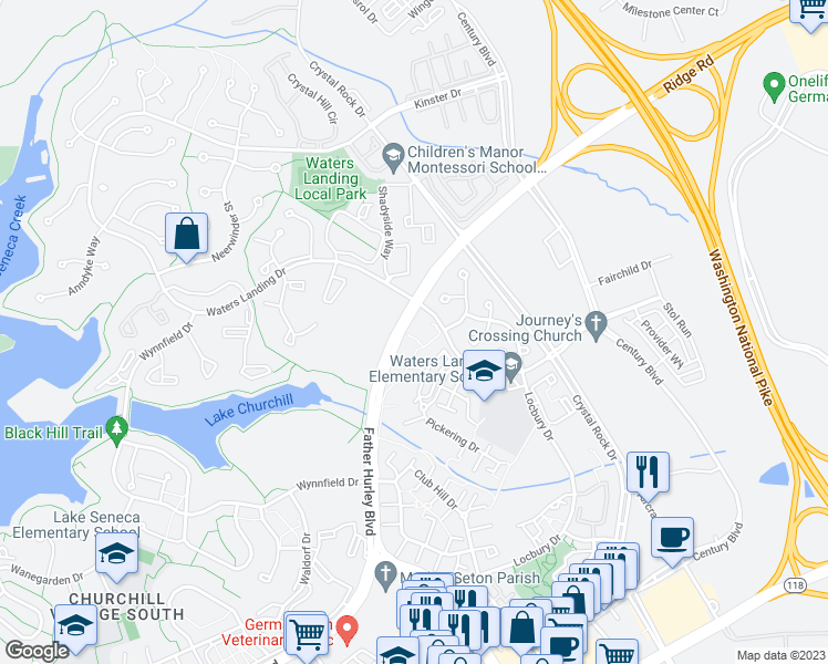 map of restaurants, bars, coffee shops, grocery stores, and more near 20323 Beaconfield Terrace in Germantown