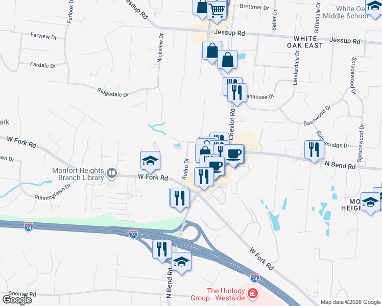 map of restaurants, bars, coffee shops, grocery stores, and more near 3598 Robroy Drive in Cincinnati