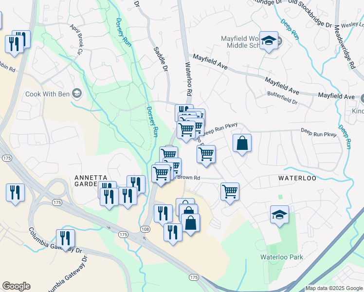 map of restaurants, bars, coffee shops, grocery stores, and more near 6551 Waterloo Road in Elkridge