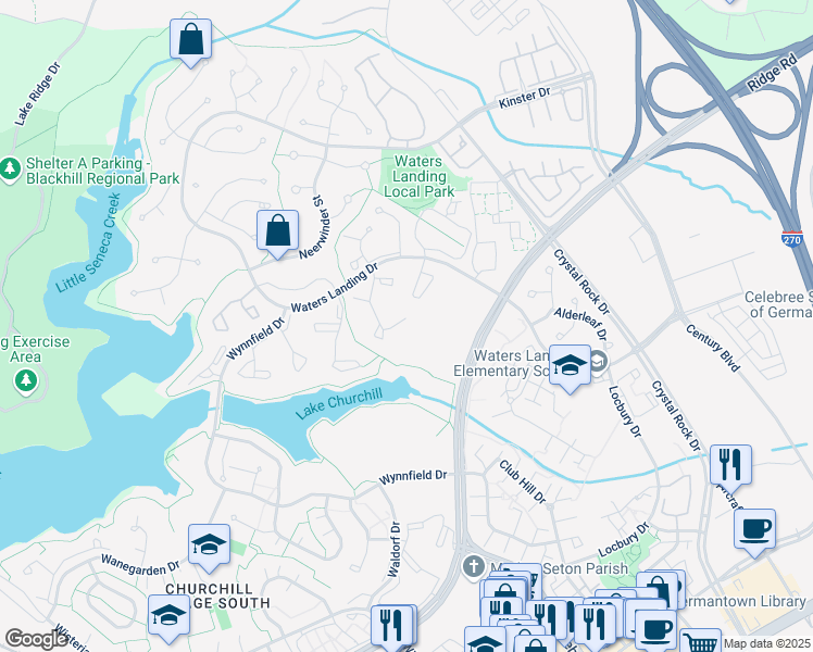 map of restaurants, bars, coffee shops, grocery stores, and more near 20410 Summersong Lane in Germantown