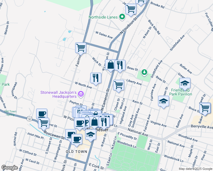 map of restaurants, bars, coffee shops, grocery stores, and more near 519 North Cameron Street in Winchester