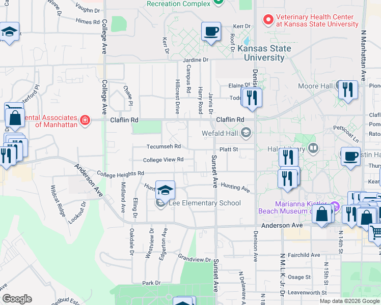 map of restaurants, bars, coffee shops, grocery stores, and more near 2005 Tecumseh Road in Manhattan