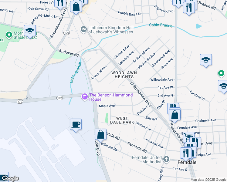 map of restaurants, bars, coffee shops, grocery stores, and more near 220 Poplar Avenue in Glen Burnie