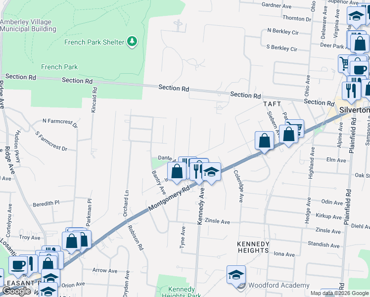 map of restaurants, bars, coffee shops, grocery stores, and more near 6655 Kennedy Avenue in Cincinnati