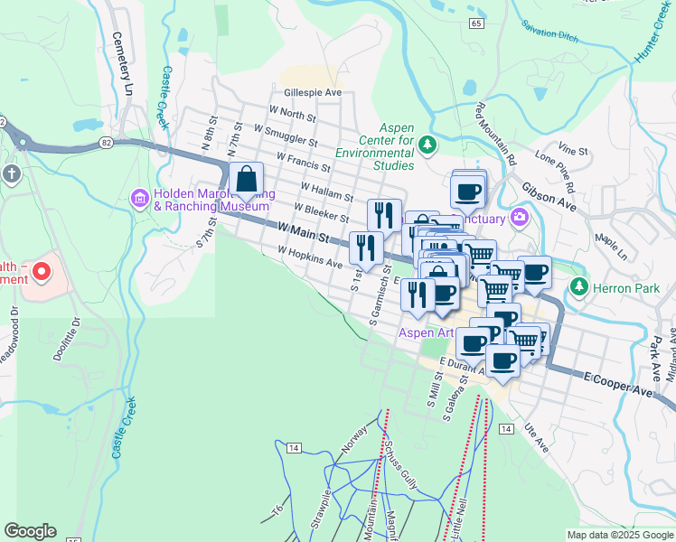 map of restaurants, bars, coffee shops, grocery stores, and more near 232 West Hyman Avenue in Aspen
