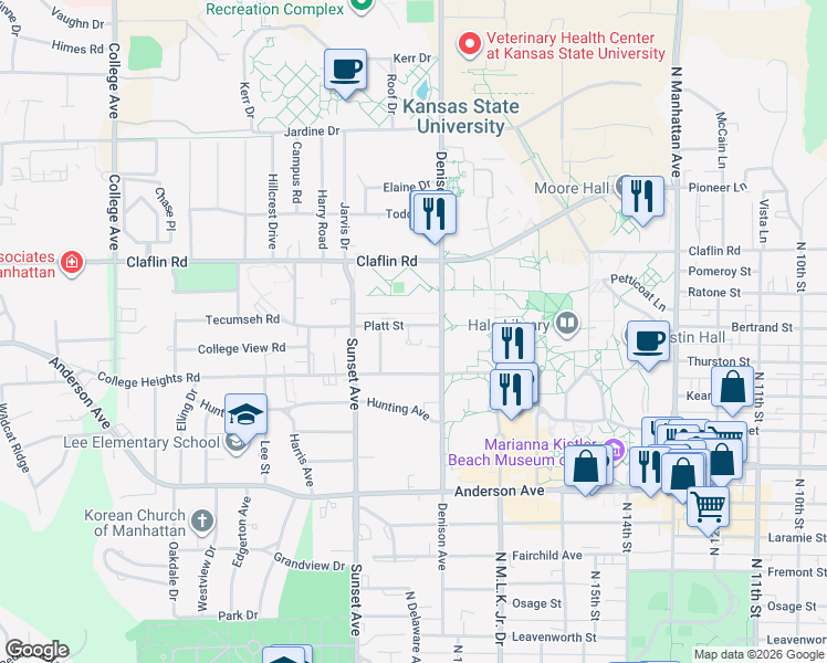 map of restaurants, bars, coffee shops, grocery stores, and more near 1024 Quivera Circle in Manhattan
