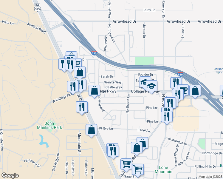 map of restaurants, bars, coffee shops, grocery stores, and more near 19 Castle Way in Carson City