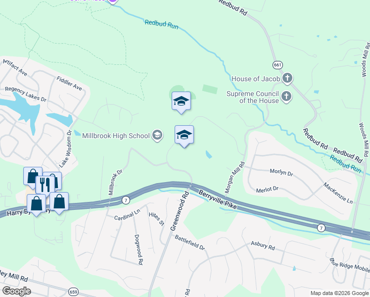 map of restaurants, bars, coffee shops, grocery stores, and more near 250 First Woods Drive in Winchester