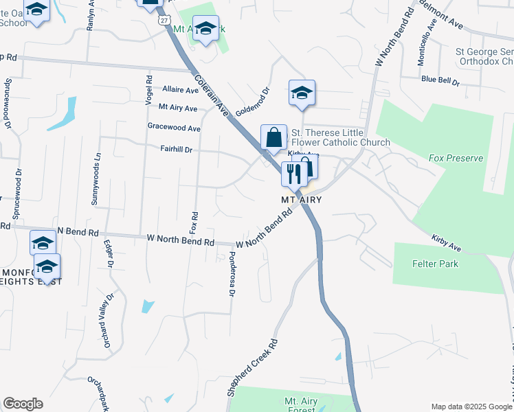 map of restaurants, bars, coffee shops, grocery stores, and more near 2644 West North Bend Road in Cincinnati