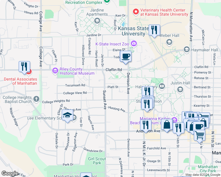 map of restaurants, bars, coffee shops, grocery stores, and more near 1855 Platt Street in Manhattan