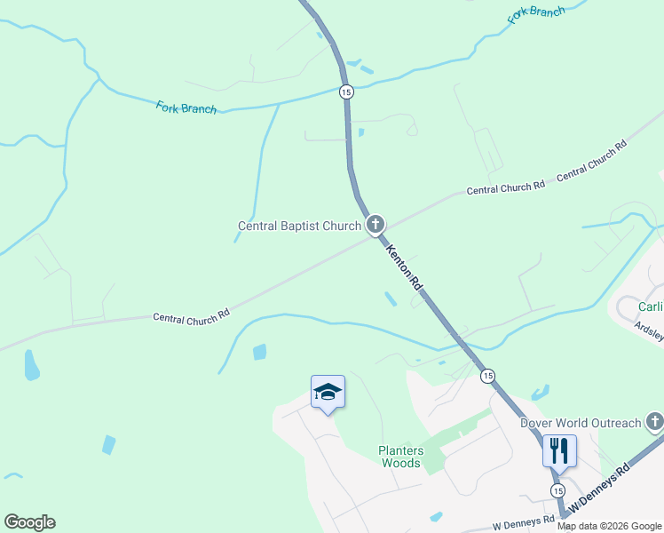 map of restaurants, bars, coffee shops, grocery stores, and more near 1492 Central Church Road in Dover