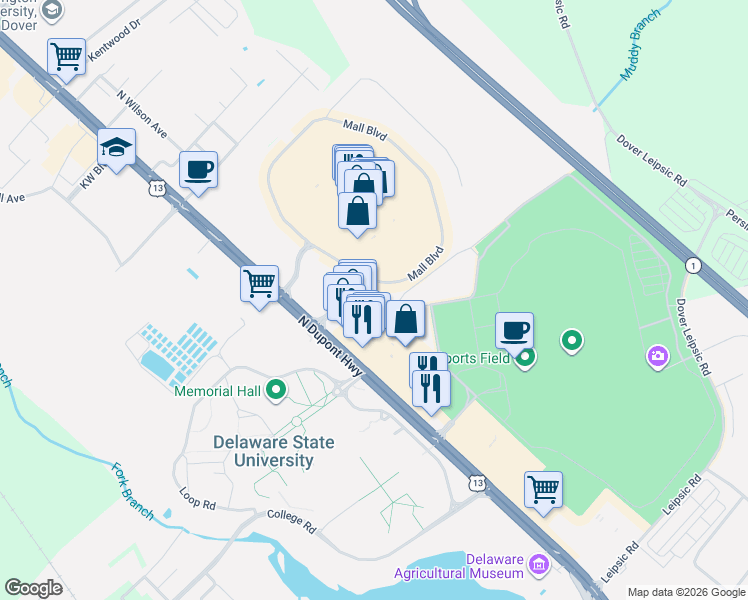 map of restaurants, bars, coffee shops, grocery stores, and more near 1275 North Dupont Highway in Dover