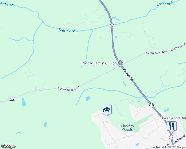 map of restaurants, bars, coffee shops, grocery stores, and more near 1339 Central Church Road in Dover