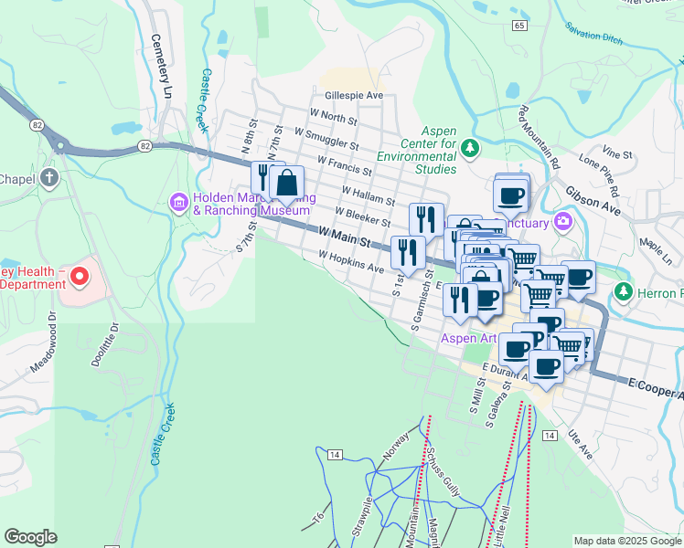 map of restaurants, bars, coffee shops, grocery stores, and more near in Aspen