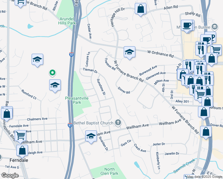 map of restaurants, bars, coffee shops, grocery stores, and more near 1611 Tieman Drive in Glen Burnie