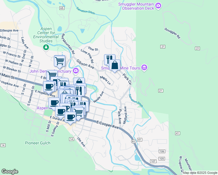 map of restaurants, bars, coffee shops, grocery stores, and more near 931 Gibson Avenue in Aspen