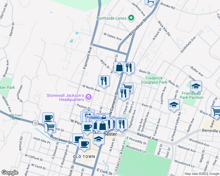 map of restaurants, bars, coffee shops, grocery stores, and more near 513 North Cameron Street in Winchester