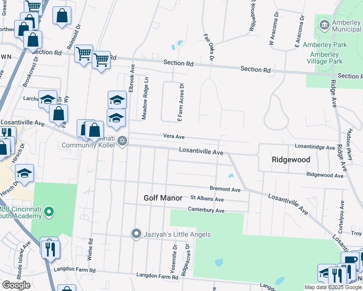 map of restaurants, bars, coffee shops, grocery stores, and more near 2443 Losantiville Avenue in Cincinnati