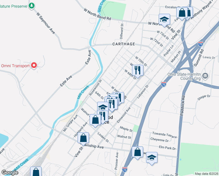 map of restaurants, bars, coffee shops, grocery stores, and more near 112 65th Street West in Cincinnati