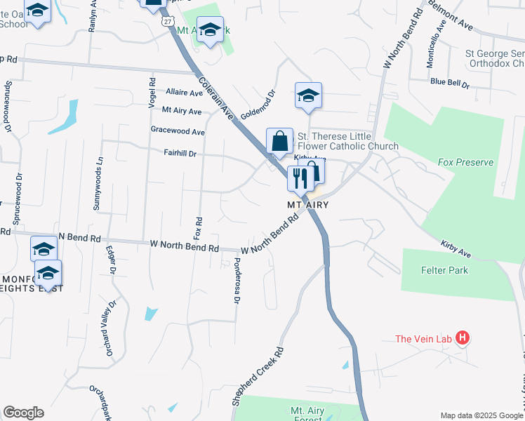 map of restaurants, bars, coffee shops, grocery stores, and more near 2644 West North Bend Road in Cincinnati