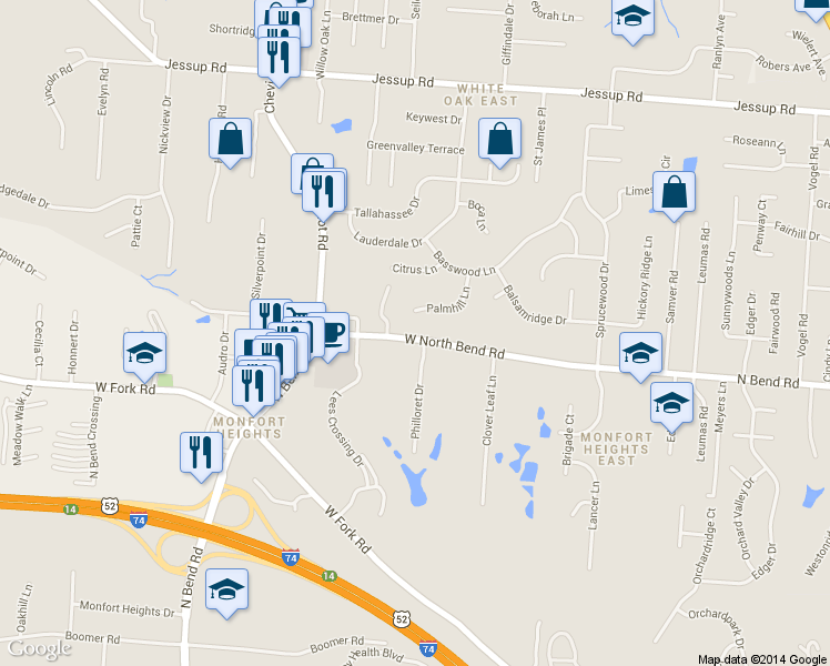 map of restaurants, bars, coffee shops, grocery stores, and more near 3375 North Bend Road in Cincinnati