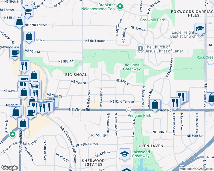 map of restaurants, bars, coffee shops, grocery stores, and more near 3615 Northeast 53 Terrace in Kansas City