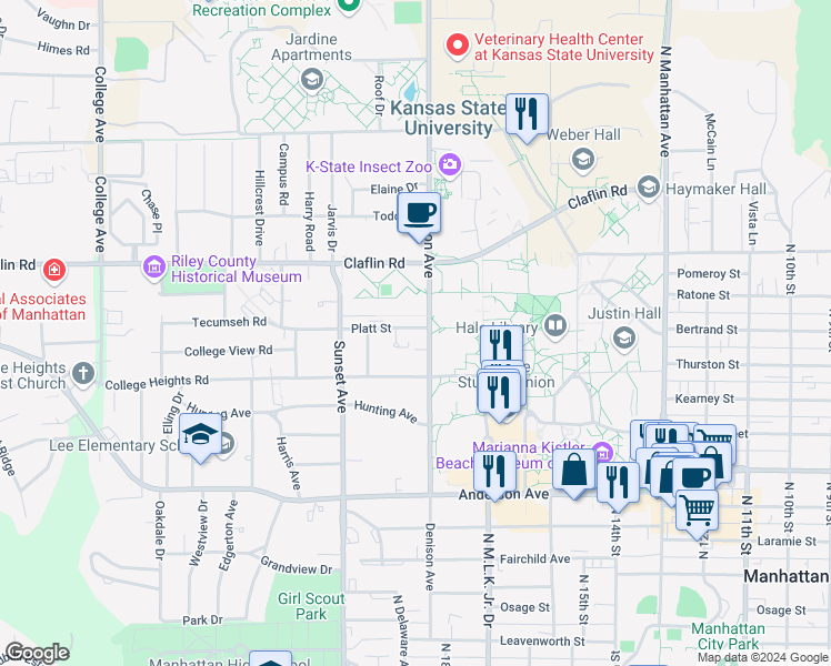 map of restaurants, bars, coffee shops, grocery stores, and more near 1024 Quivera Circle in Manhattan