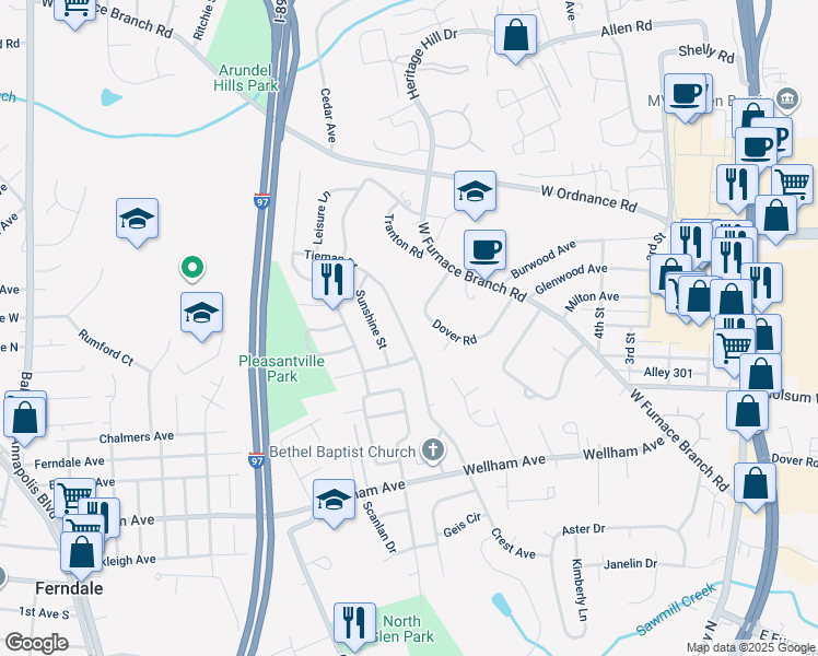 map of restaurants, bars, coffee shops, grocery stores, and more near 1611 Tieman Drive in Glen Burnie