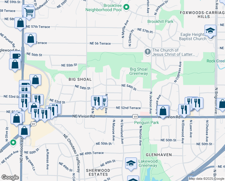 map of restaurants, bars, coffee shops, grocery stores, and more near 3615 Northeast 53 Terrace in Kansas City