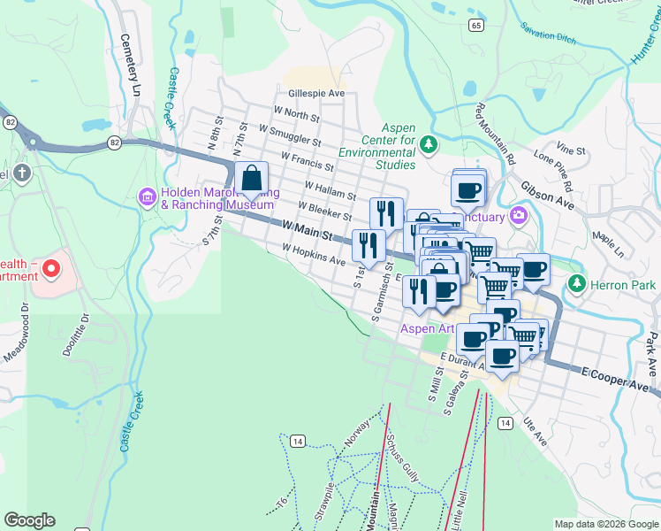 map of restaurants, bars, coffee shops, grocery stores, and more near 232 West Hyman Avenue in Aspen