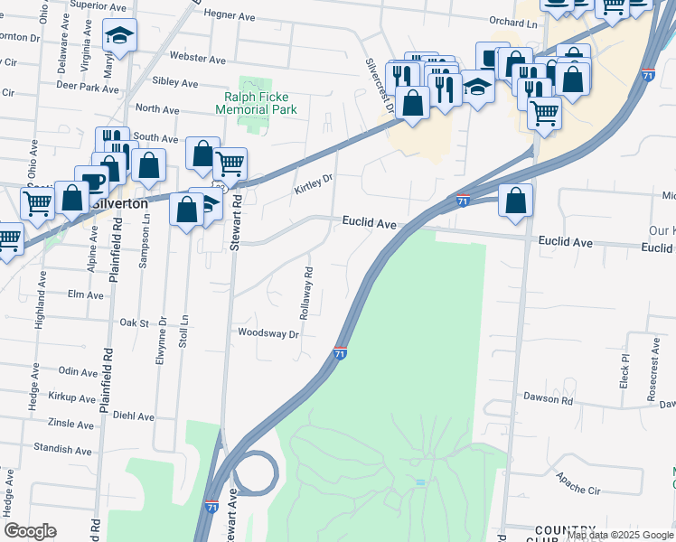 map of restaurants, bars, coffee shops, grocery stores, and more near 6833 Fox Hill Lane in Cincinnati