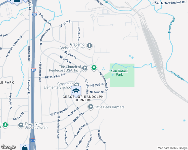 map of restaurants, bars, coffee shops, grocery stores, and more near 5451 North Sycamore Drive in Kansas City