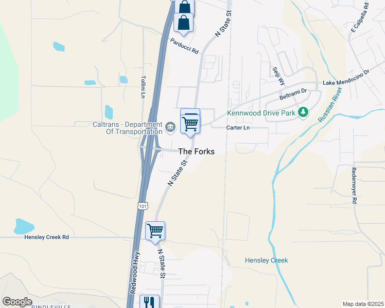 map of restaurants, bars, coffee shops, grocery stores, and more near 3091 North State Street in Ukiah