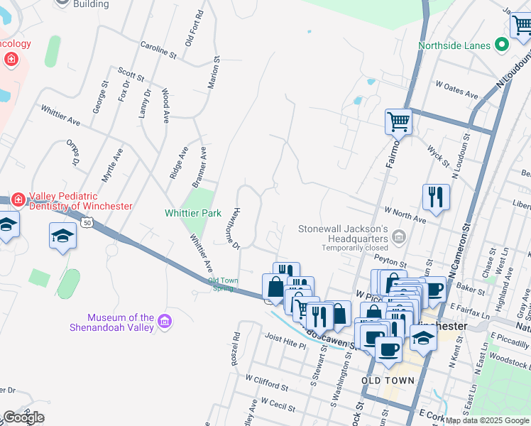 map of restaurants, bars, coffee shops, grocery stores, and more near 126 Hawthorne Drive in Winchester