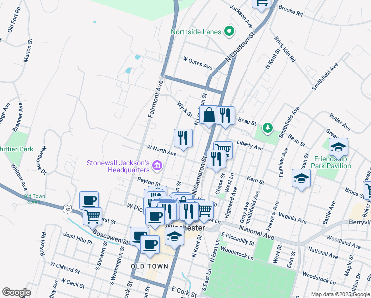 map of restaurants, bars, coffee shops, grocery stores, and more near 513 North Loudoun Street in Winchester