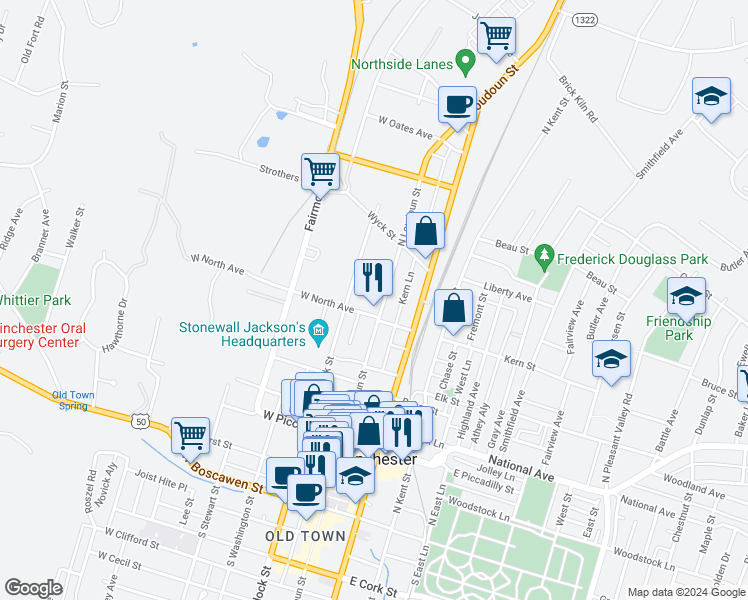 map of restaurants, bars, coffee shops, grocery stores, and more near 513 North Loudoun Street in Winchester