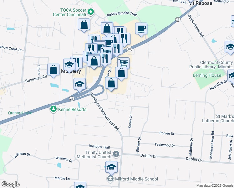map of restaurants, bars, coffee shops, grocery stores, and more near 704 Traverse Creek Drive in Milford