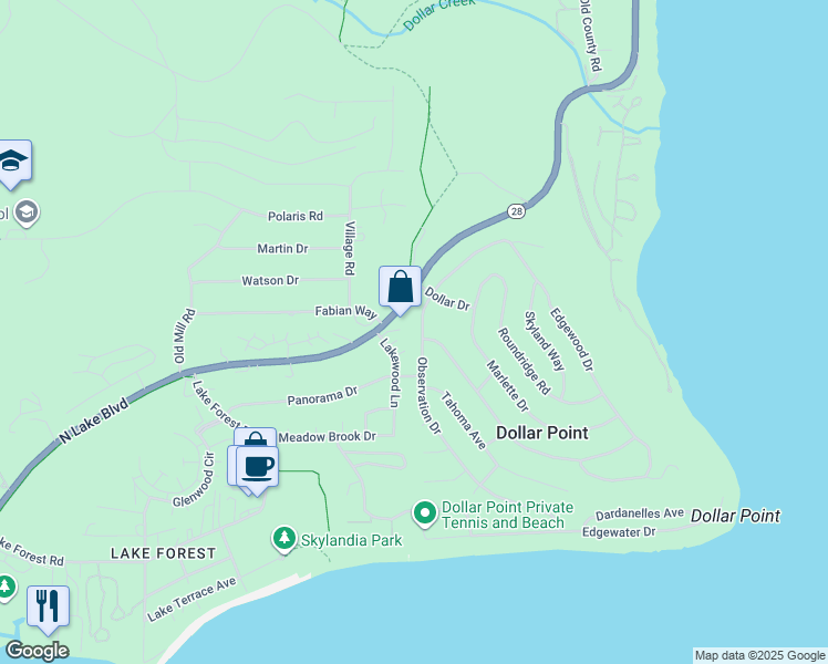 map of restaurants, bars, coffee shops, grocery stores, and more near 169 Observation Drive in Tahoe City
