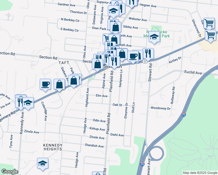 map of restaurants, bars, coffee shops, grocery stores, and more near 6732 Plainfield Road in Cincinnati