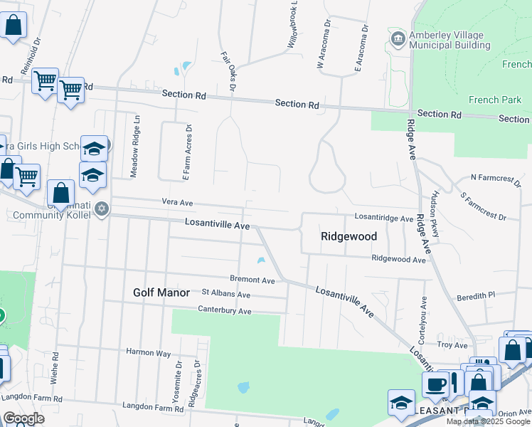 map of restaurants, bars, coffee shops, grocery stores, and more near 2660 Cedarbrook Drive in Cincinnati