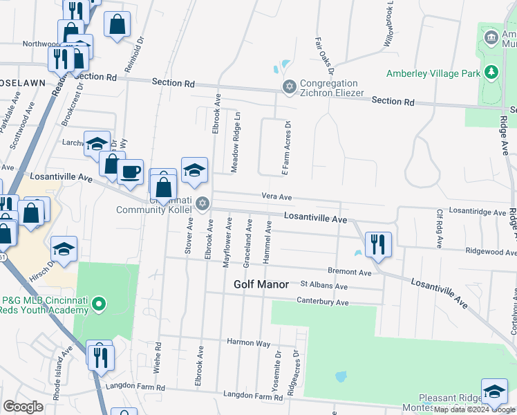 map of restaurants, bars, coffee shops, grocery stores, and more near 2355 Losantiville Avenue in Cincinnati