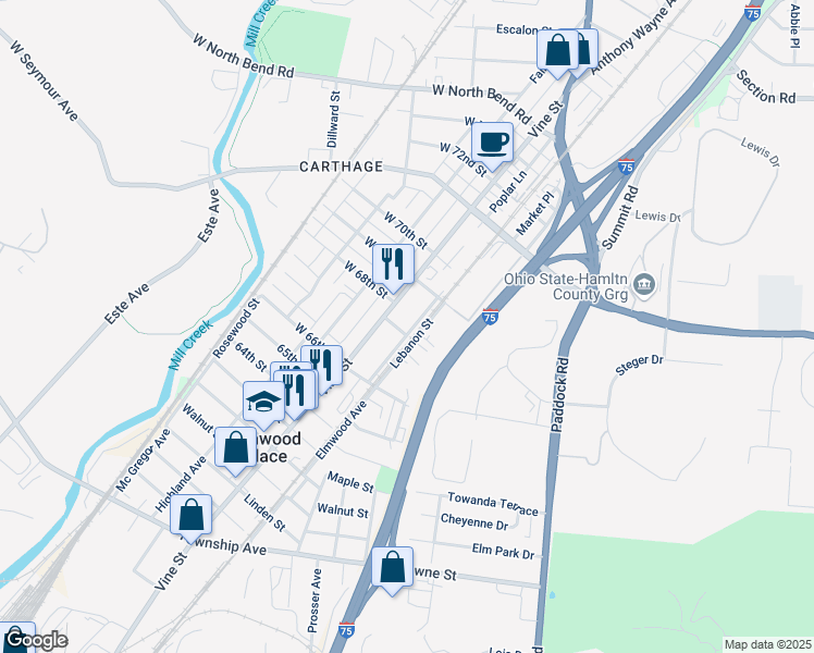 map of restaurants, bars, coffee shops, grocery stores, and more near 6637 Lebanon Street in Cincinnati