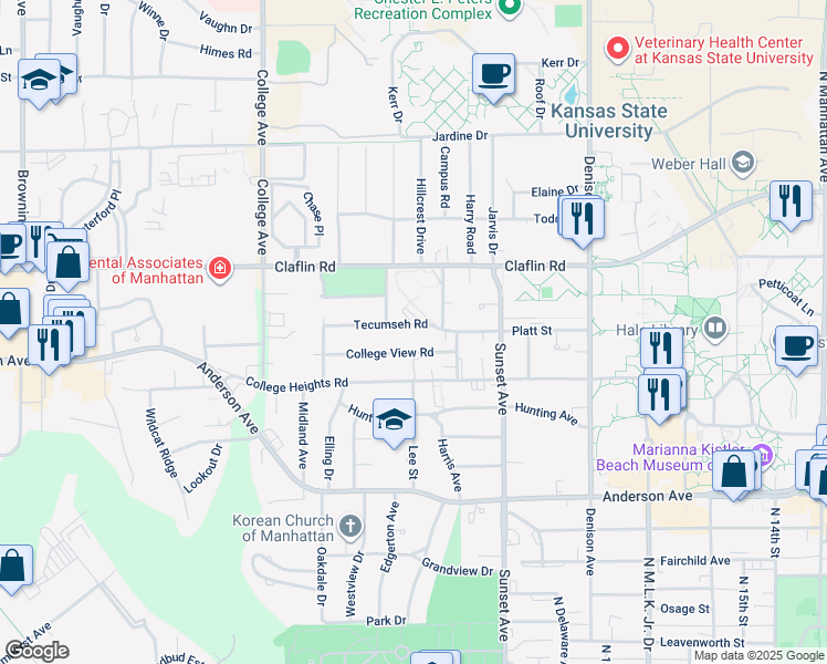 map of restaurants, bars, coffee shops, grocery stores, and more near 2030 College View Road in Manhattan