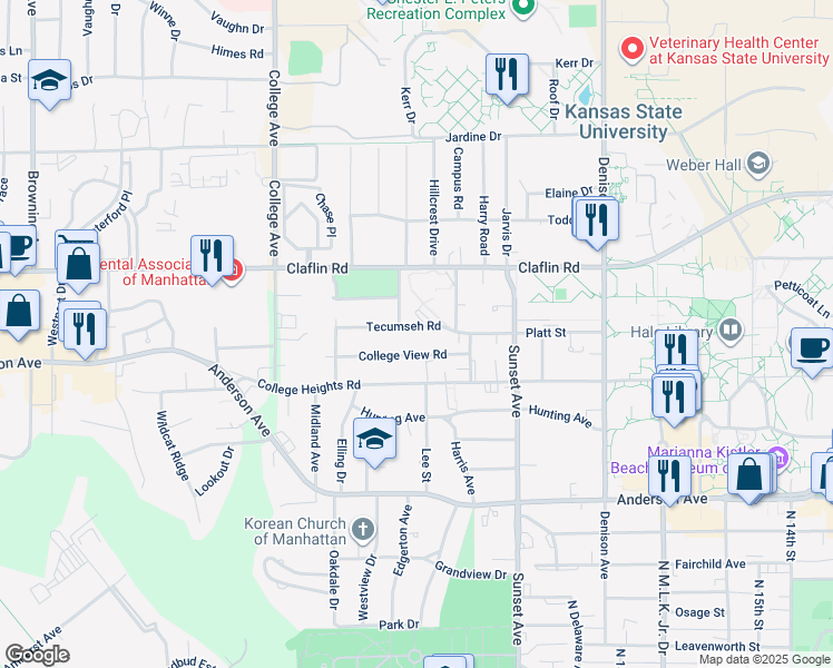 map of restaurants, bars, coffee shops, grocery stores, and more near 2030 College View Road in Manhattan