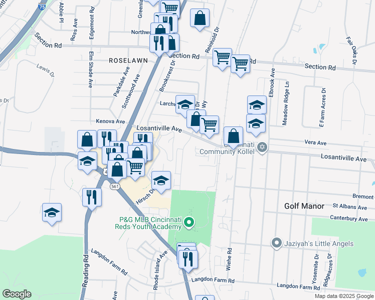 map of restaurants, bars, coffee shops, grocery stores, and more near 7146 Eastlawn Drive in Cincinnati