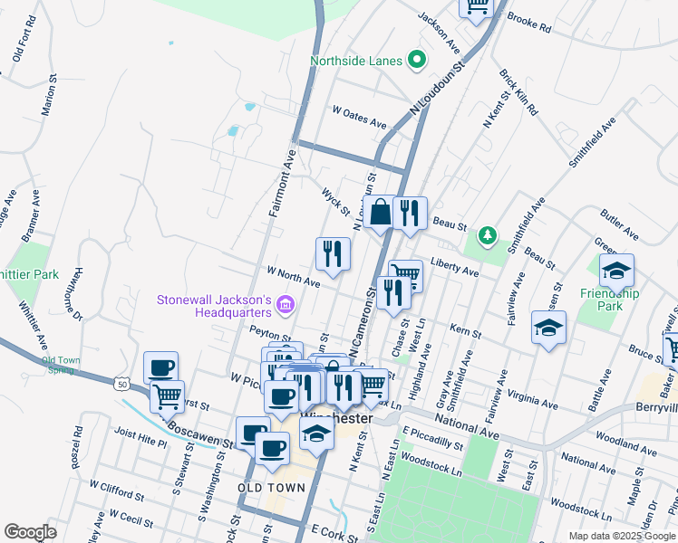 map of restaurants, bars, coffee shops, grocery stores, and more near 515 North Loudoun Street in Winchester